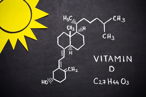 Structural chemical formula of vitamin D on blackboard