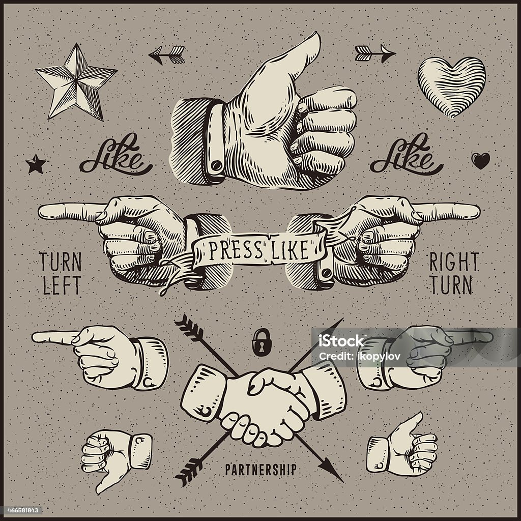 Design elements - thumb up, pointer, handshake. Bundle design elements - thumb up, pointer, handshake, vintage gravure style. Vector Eps10. Retro Style stock vector