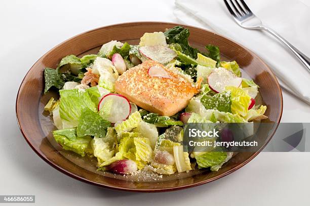 Salmon Salad With Fork And Napkin Stock Photo - Download Image Now - Cheese, Crucifers, Fish