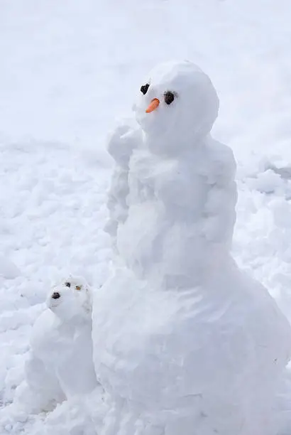 Snowman and snowdog, scuplted snow figures of a snow man with traditional carrot nose and coals for eyes, with this pet snow dog, UK