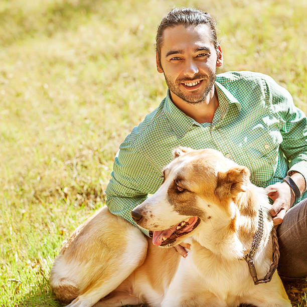 istock Man and central Asian shepherd walk in the park. 466594503