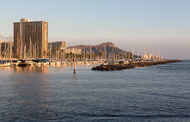 istock Yachts in Ala Moana harbor frame Diamond Head 466596740