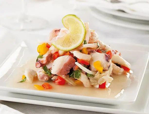 A typical seafood raw fish ceviche from Peru