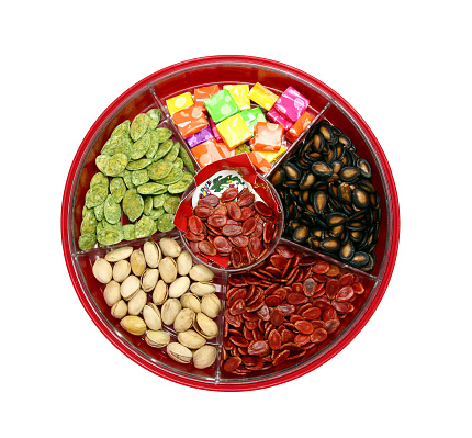 A top view of Chinese candy box. It is used for Chinese New Year, it consists different kinds of candies, chocolate coins, melon seeds, sugar preserved dried fruits or even dried vegetables.