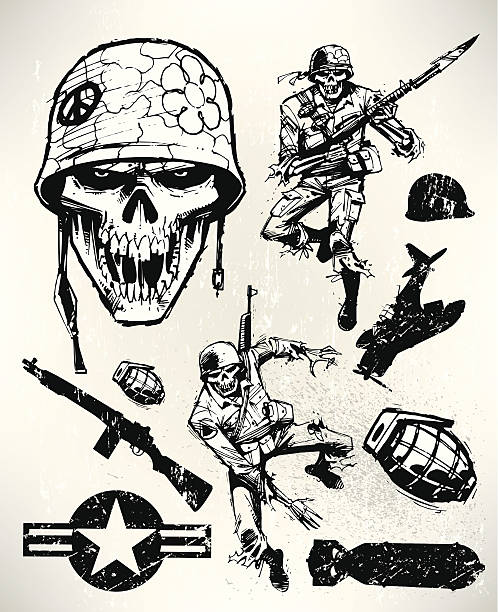 Zombie Soldiers - Army Men Fighting, War Zombie Soldiers - Army Men, War. Graphic novel style illustrations of Zombie Army Men. Layered for easy edits. Ghost back or reverse out of your layout. Check out my "Skulls, Skeletons & Scary" light box for more. bayonet stock illustrations
