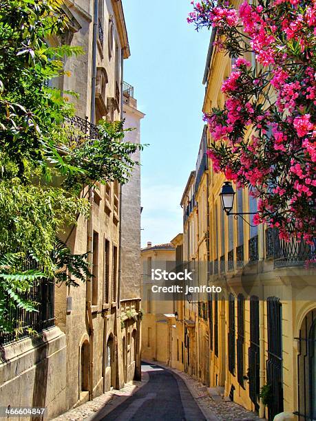 Flowers Lining A Narrow Street In Old Montpellier France Stock Photo - Download Image Now