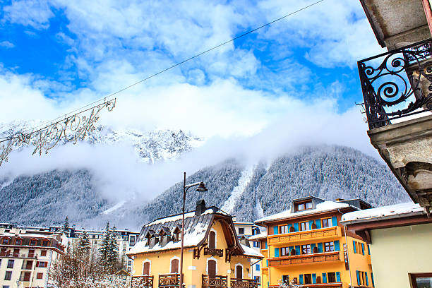 Chamonix town Chamonix town with snowy mountains on the background. Chamonix-Mont-Blanc was the site of the first Winter Olympics in 1924 and it's one of the oldest ski resorts in France. chamonix photos stock pictures, royalty-free photos & images