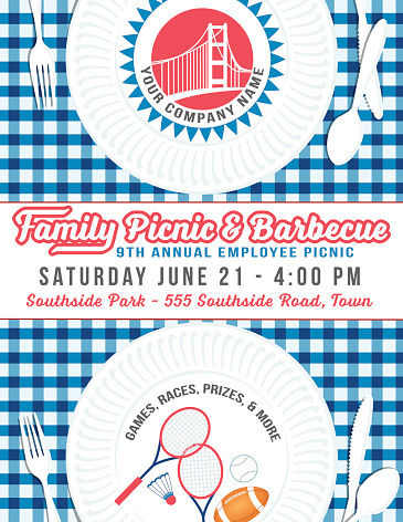 Company Picnic and BBQ Paper Plate Poster. Annual employee picnic and bbq event poster. Paper plates on checkered blue and white Tablecloth with banner and text. There is a place for a company logo at the top. 