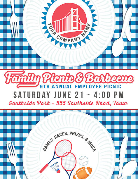 Company Picnic And BBQ Paper Plate Poster Template Red Company Picnic and BBQ Paper Plate Poster. Annual employee picnic and bbq event poster. Paper plates on checkered blue and white Tablecloth with banner and text. There is a place for a company logo at the top.  family reunion stock illustrations