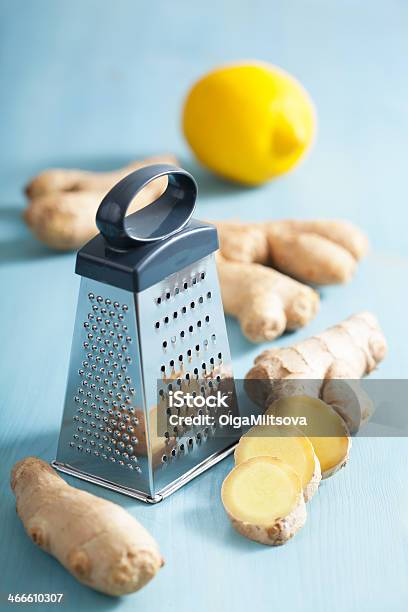 Fresh Ginger Root And Grater Over Blue Stock Photo - Download Image Now - Asian Culture, Asian Food, Blue
