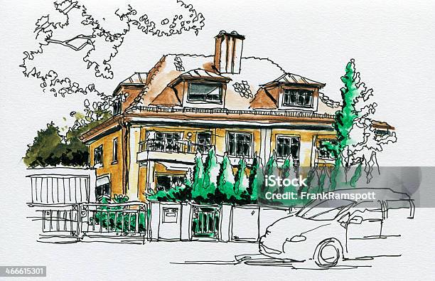 Residential Building Munich Watercolor Ink Sketch Stock Illustration - Download Image Now - Architecture, Watercolor Painting, Yard - Grounds