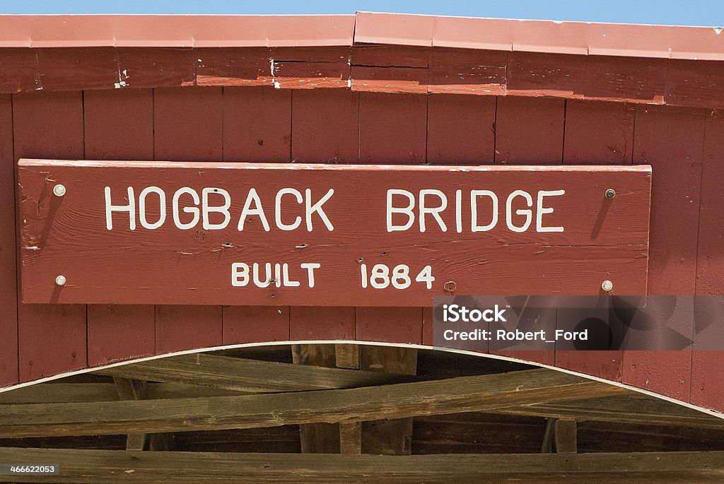 Closeup Hogback Covered Bridge Sign near Winterset Iowa Closeup Hogback Covered Bridge Sign near Winterset Iowa in Madison County Architecture Stock Photo