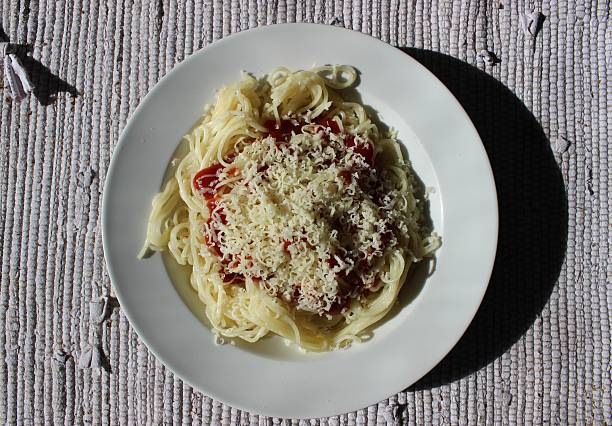 istock Spaghetti with ketchup and cheese on a plate 466625352