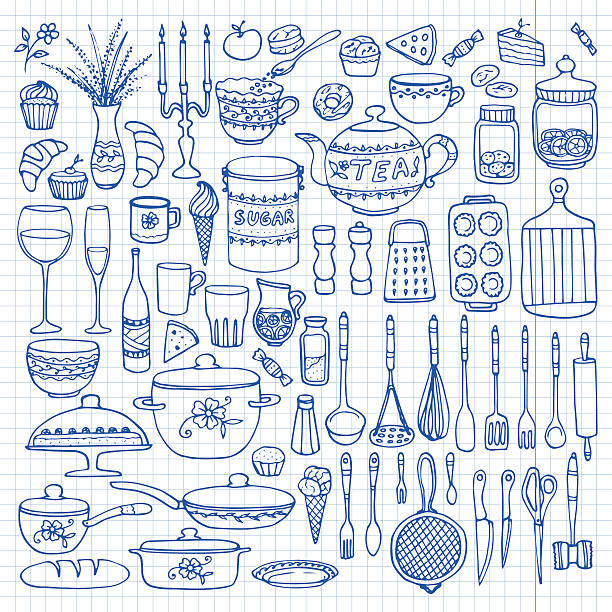 Set of hand drawn cookware on the lined paper. Kitchen background. Doodle kitchen equipments. Vector illustration.