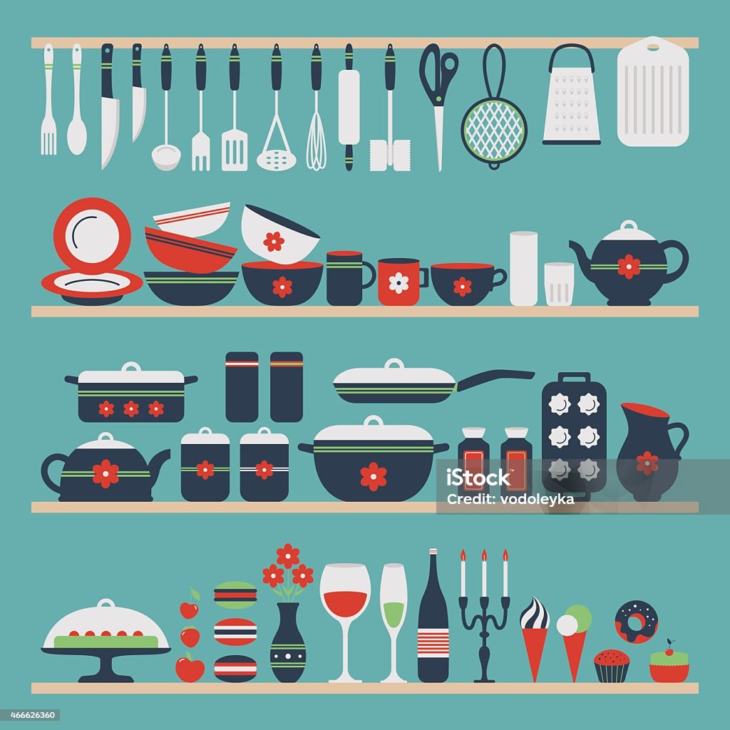 Set of kitchen utensils and food. Set of kitchen utensils and food, objects on shelves. Cookware, home cooking background. Kitchenware. Modern design. Vector illustration. 2015 stock vector