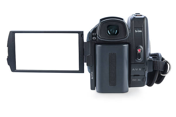 Camcorder with open lcd display, isolated on white. stock photo