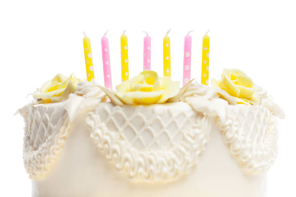 istock Classic Birthday Cake with Candles Close-up on White 466632577