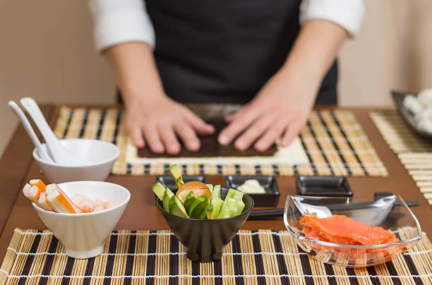 istock Woman chef ready to prepare japanese sushi rolls 466634345