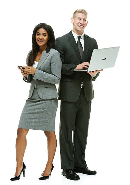 istock Smiling business couple working with laptop 466640140