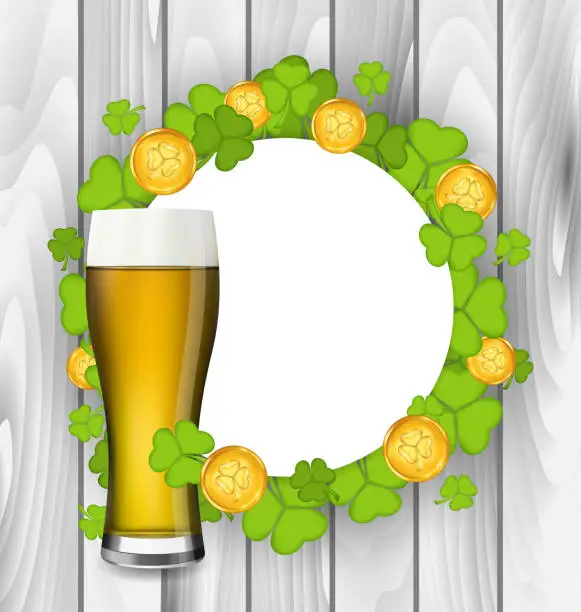 Vector illustration of Celebration card with glass of light beer, shamrocks and golden