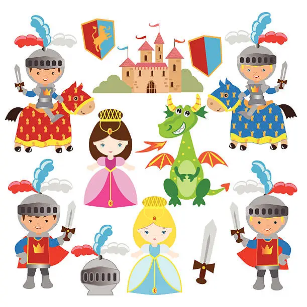 Vector illustration of Selection of medieval illustrations including a dragon