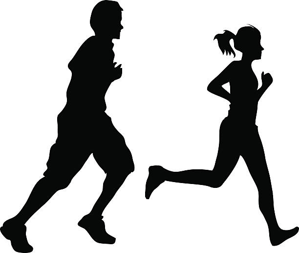 ilustraciones, imágenes clip art, dibujos animados e iconos de stock de un par para trotar correr ejercicio de silhouette - carrera de campo través