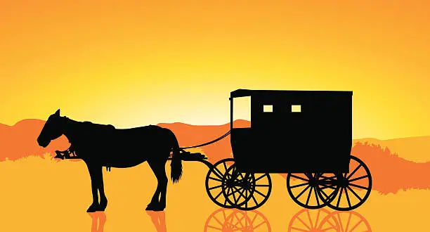 Vector illustration of Amish carriage and horse at sunset