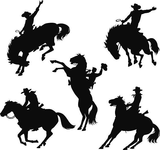 illustrazioni stock, clip art, cartoni animati e icone di tendenza di set di silhouette di cowboy e cavalli nel selvaggio west - cavallo