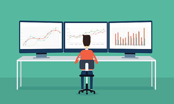 ludzie biznesu na monitorze raportów internetowych i seo wykres na - scrutiny analyzing finance data stock illustrations