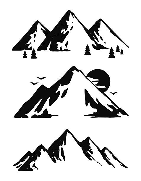 Three black and white mountain images Three mountain landscapes. Editable vector file. mountain peak illustrations stock illustrations