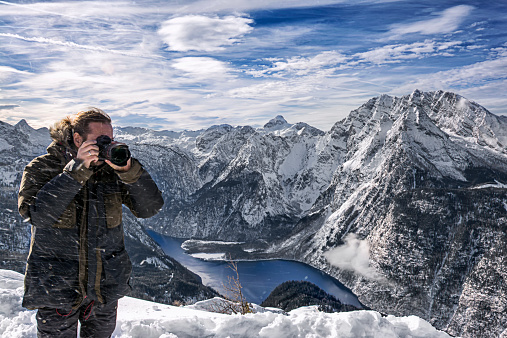 At the top of a mount Jenner with view over lake Königssee to Watzmann 