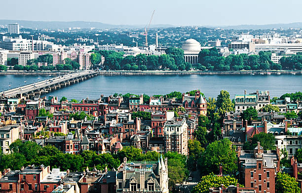 charles river 및 보스턴 파노라마 - boston aerial view charles river residential structure 뉴스 사진 이미지