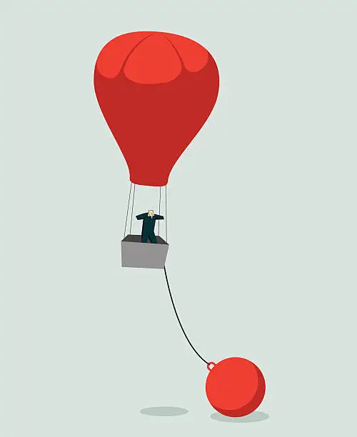 Vector illustration of Vector image of man in red hot air balloon chained to ball