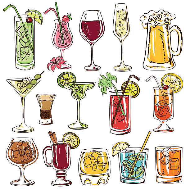 illustrazioni stock, clip art, cartoni animati e icone di tendenza di set di cocktail isolato colorata - cocktail illustrazioni