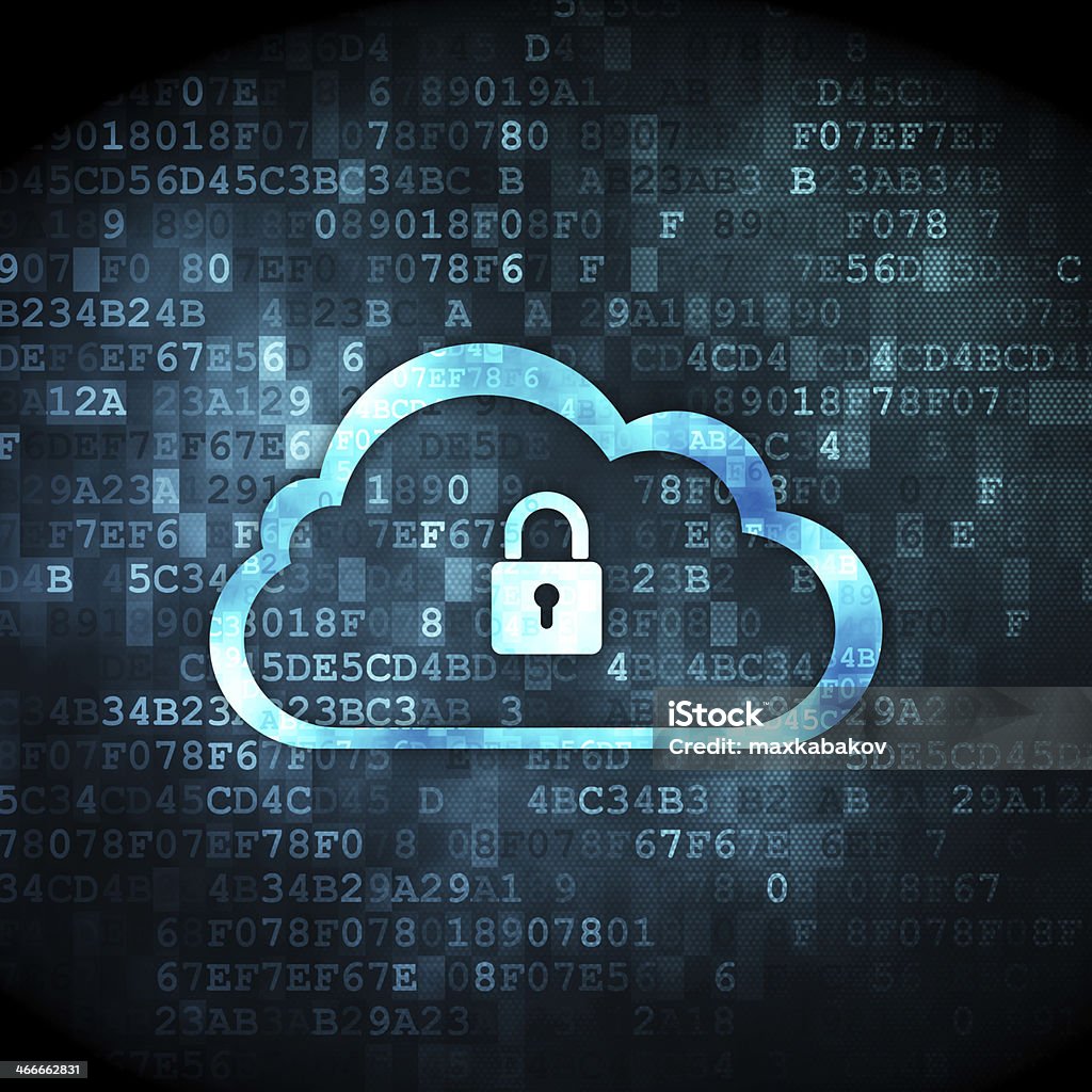 Networking concept: Cloud With Padlock on digital background Cloud networking concept: pixelated Cloud With Padlock icon on digital background, 3d render Lock Stock Photo