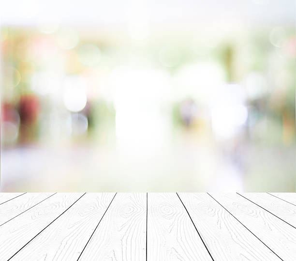 istock Perspective white wood and blurred store with bokeh background 466668026