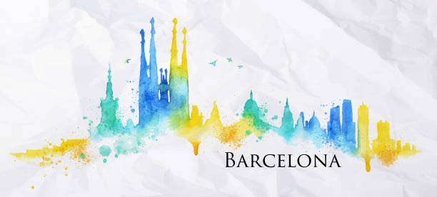 Silhouette watercolor Barcelona Silhouette Barcelona city painted with splashes of watercolor drops streaks landmarks in blue with yellow tones. barcelona stock illustrations