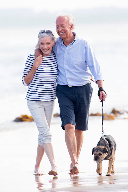 Couple Stroll Along The Beach With The Dog
