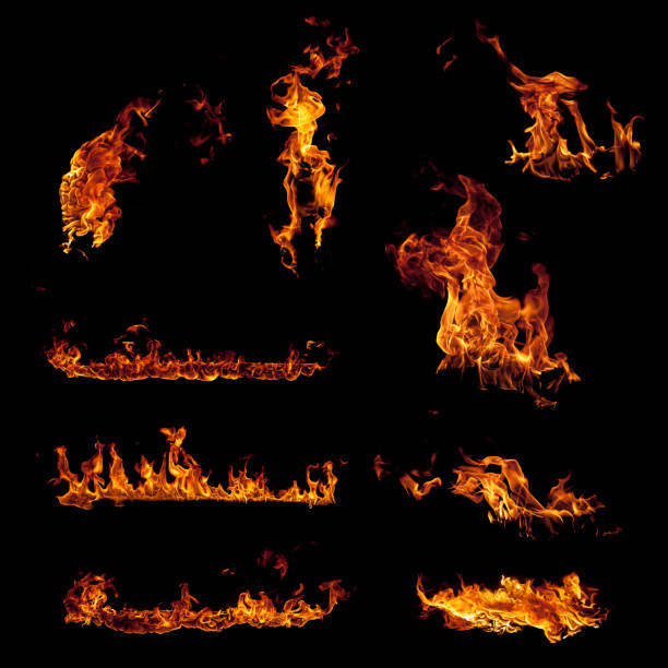 Set of burning fire flame elements isolated on black Set of burning fire flame elements isolated on black background. Stock photo. Flame stock pictures, royalty-free photos & images