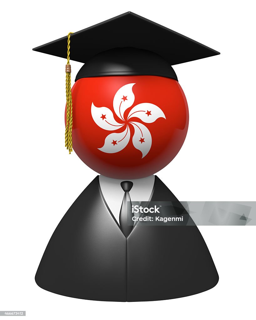 Hong Kong college graduate concept for schools and academic education 3D render of a college student wearing a graduation cap, with the Hong Kong flag as a face. 2015 Stock Photo
