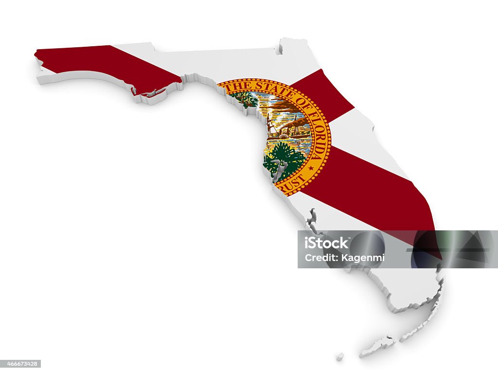 Geographic border map and flag of Florida, The Sunshine State 3D render of the US state of Florida painted with its flag. Map Stock Photo