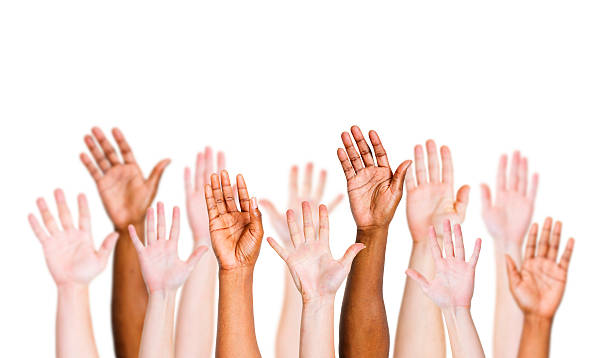 Arms with different skin tones raised up over white backdrop Group of multi-ethnic people's arms outstretched in a white background. hand raised stock pictures, royalty-free photos & images