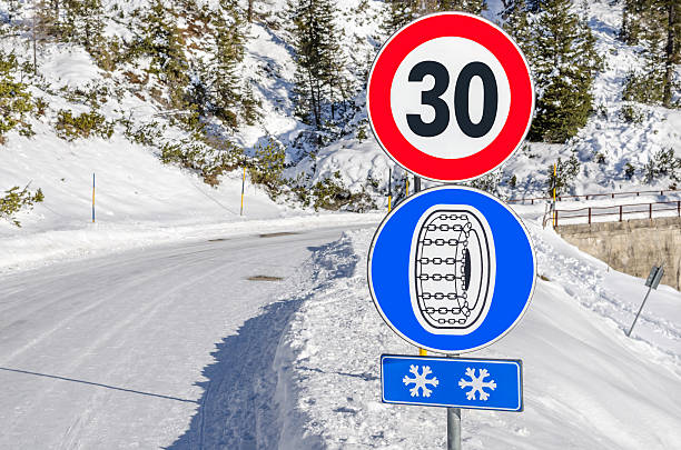 Speed limit and warning sign on a winding mountain road covered in snow