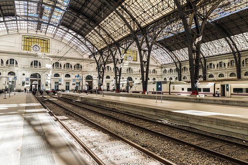 Panoramic of train waiting for departure in Estacio de Franca, built in the time of Catalan Modernism, in Barcelona, Catalonia, Spain