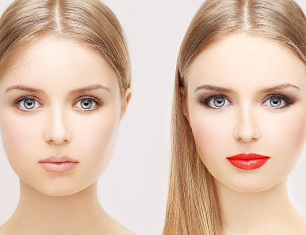 девушка без макияжа и один с макияжем - face powder make up cosmetics eyeshadow стоковые фото и изображения
