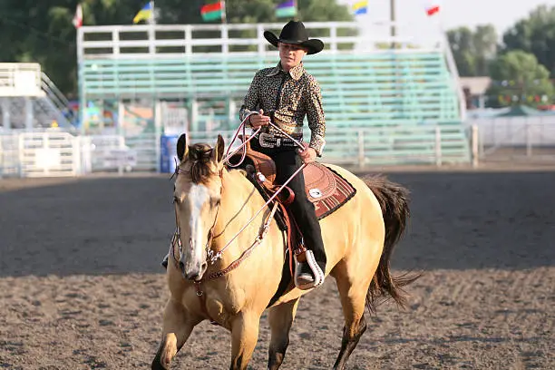 cowgirl contestant riding a horse in an arena during the fair and rodeo