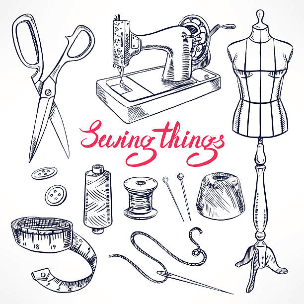 ilustrações, clipart, desenhos animados e ícones de equipamento de desenho de moda - sewing sewing item thread equipment