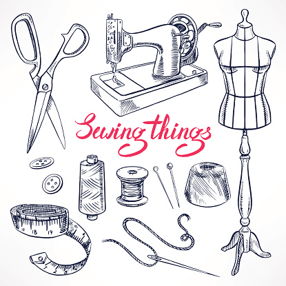 Set with sketch tailoring equipment. mannequin, sewing, sewing machine. hand-drawn illustration