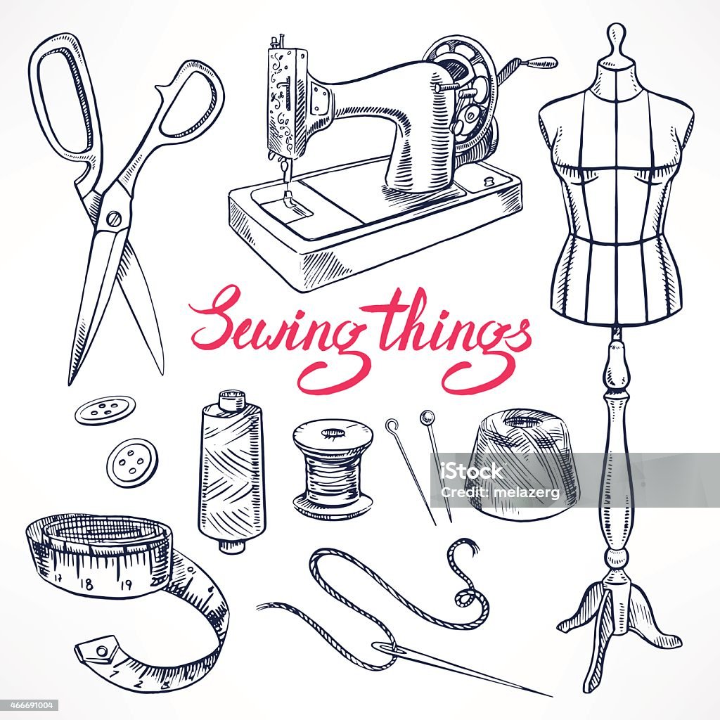 sketch tailoring equipment Set with sketch tailoring equipment. mannequin, sewing, sewing machine. hand-drawn illustration Drawing - Activity stock vector