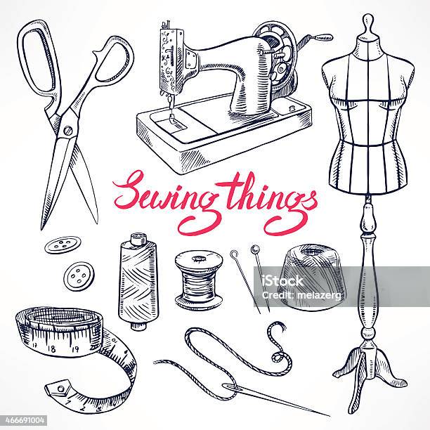 Sketch Tailoring Equipment Stock Illustration - Download Image Now - Drawing - Activity, Sewing, Stitching